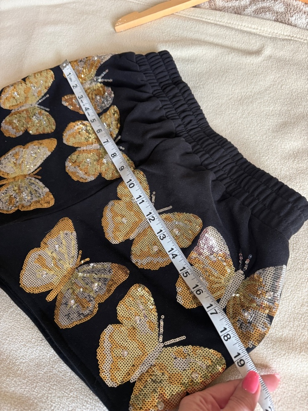 QUEEN OF SPARKLES Black High-Waist Sequin Butterfly Shorts - Picture 7 of 10
